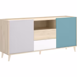 Buffet meuble de rangement coloris naturel et émeraude - Longueur 155 x Hauteur 75 x Profondeur 43 cm