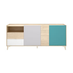 Buffet meuble de rangement coloris naturel et émeraude - Longueur 180 x Hauteur 75 x Profondeur 43 cm