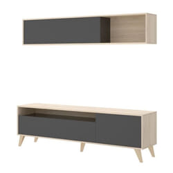 Meuble TV + étagère murale coloris Chêne naturel / Graphite - Longueur 180 x Hauteur 180 x Profondeur 41 cm
