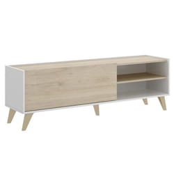 Meuble TV 1 porte coloris blanc-naturel - Longueur 155 x Hauteur 47 x Profondeur 43 cm