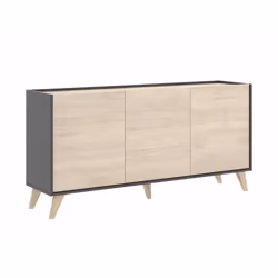 Buffet Meuble de rangement 3 portes coloris graphite-naturel - Longueur 155 x Hauteur 75 x Profondeur 43 cm