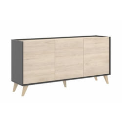 Buffet Meuble de rangement 3 portes coloris graphite-naturel - Longueur 155 x Hauteur 75 x Profondeur 43 cm