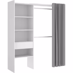 Armoire dressing extensible avec rideau + 1 tiroir coloris blanc - Longueur 110-160 x Hauteur 205 x Profondeur 50 cm