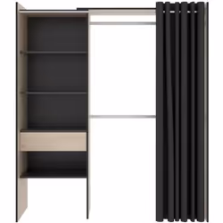 Armoire dressing extensible avec rideau + 1 tiroir coloris naturel-graphite - Longueur 110-160 x Hauteur 203 x Profondeur 50  ...
