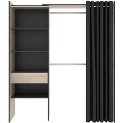 Armoire dressing extensible avec rideau + 1 tiroir coloris naturel-graphite - Longueur 110-160 x Hauteur 203 x Profondeur 50 cm