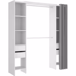 Armoire dressing extensible avec rideau + 4 tiroirs coloris blanc - Longueur 100-180 x Hauteur 203 x Profondeur 50 cm
