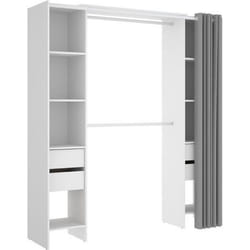 Armoire dressing extensible avec rideau + 4 tiroirs coloris blanc - Longueur 100-180 x Hauteur 203 x Profondeur 50 cm
