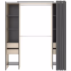 Armoire dressing extensible avec rideau + 4 tiroirs coloris naturel-graphite - Longueur 100-180 x Hauteur 203 x Profondeur 50 ...