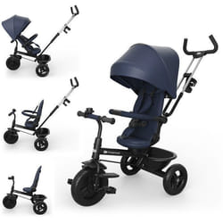Tricycle Kinderkraft ASTON 2 PLUS évolutif 6 en 1 siège pivotant 360° semi-allongé avec guidon parental canopy Bleu marine