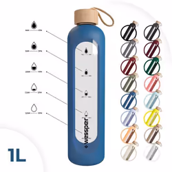 Gourde en verre Wessper ActiveMax Crystalline - Bouteille motivante avec étui en silicone - 1000ml - Bleu