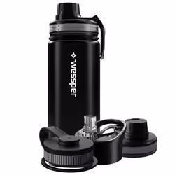 Gourde Isotherme - WESSPER - ActiveMax Steeline - Acier inoxydable - 500ml - Noir - 3 bouchons