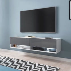 Meuble TV / Meuble de salon - WANDER - 140 cm - blanc mat / gris brillant - avec LED - 2 niches ouvertes - style industriel