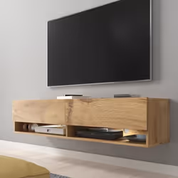 Meuble TV / Meuble de salon - WANDER - 140 cm - effet chêne wotan - avec LED - 2 niches ouvertes - style industriel