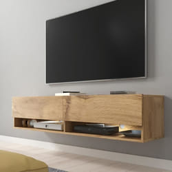 Meuble TV / Meuble de salon - WANDER - 140 cm - effet chêne wotan - avec LED - 2 niches ouvertes - style industriel