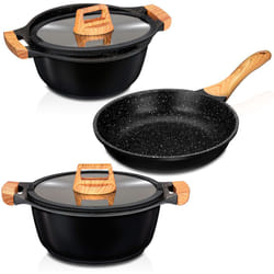 MPM - Smile Wood Batterie de Cuisine 3 pcs, Induction, Fonte d'aluminium Couvercles Verre Trempé Noir