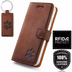 Étui de protection - SURAZO - Samsung Galaxy S10 - Cuir véritable - Motif pattes de chien - Marron