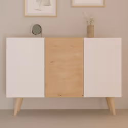 En optant pour ce buffet 3 portes blanc et chêne CISKO, vous apporterez un meuble à la fois chic et pratique à votre espace i ...