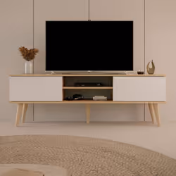 Ce modèle avec deux portes , décoré en blanc et en chêne , signé CISKO, offre à la fois un support pratique pour votre écran ...