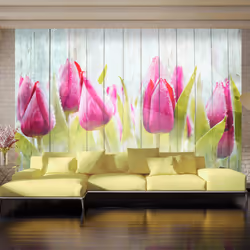 Planete Discount PD13446-100-70, Papier peint non tissé, Vert, Rose, Blanc, Rose, Blanc, Vert, 120 g/m², Tulips on white wood ...