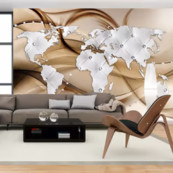 Planete Discount PD13345-350-245, Papier peint non tissé, Beige, Crème, Gris, Gris, Crème, Beige, 120 g/m², World Map - White ...