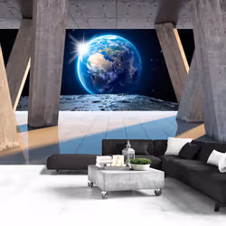 Planete Discount PD14340-400-280, Papier peint non tissé, Beige, Bleu, Beige, Bleu, Bleu Marine, 120 g/m², Moon Walk, 4000 mm