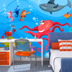 Planete Discount PD14639-350-270, Papier peint non tissé, Bleu, Bleu, Colorful, 120 g/m², Poulpe et requin, 3500 mm