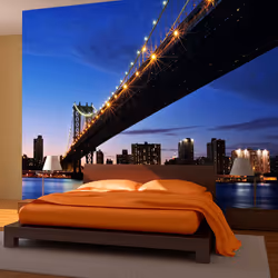 Planete Discount PD14854-400-309, Papier peint non tissé, Noir, Bleu, Or, Noir, Bleu, Doré, 120 g/m², Manhattan Bridge illumi ...