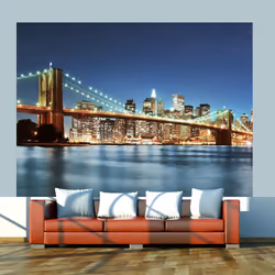 Planete Discount PD14855-400-309, Papier peint non tissé, Bleu, Or, Doré, Bleu, 120 g/m², Brooklyn Bridge scintillant dans la ...