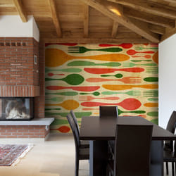 Papier peint intissé Motifs de cuisine Couverts en vert et orange - PD14210-400-309