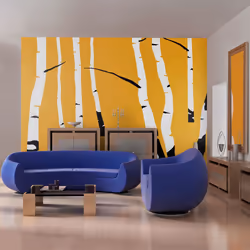 Planete Discount PD13184-400-309, Papier peint non tissé, Noir, Orange, Blanc, Blanc, Orange, Noir, 120 g/m², Birches on the ...