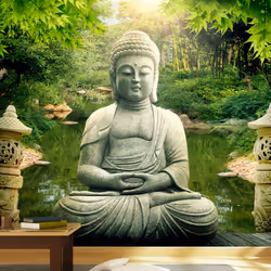 Planete Discount PD14278-400-280, Papier peint non tissé, Vert, Gris, Gris, Vert, 120 g/m², Buddha's garden, 4000 mm