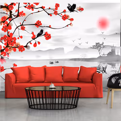 Planete Discount PD14281-250-175, Papier peint non tissé, Noir, Rouge, Blanc, Noir Et Blanc, Rouge, 120 g/m², Japanese garden ...