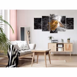 Tableau Leopard Lying 5 Pièces Wide Grey - PD8257-200-100
