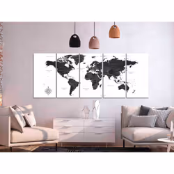 Tableau Cartes du monde Black and White Map (5 Parts) Narrow - PD11558-225-90