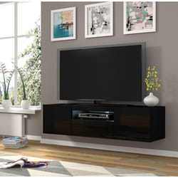 Meuble TV universel Aura 150 cm à poser ou suspendu noir mat / noir brillant avec LED