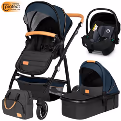 Poussette combinée 3en1 LIONELO Amber - Pack poussette canne Nacelle Siege auto sac et accessoires - Bleu