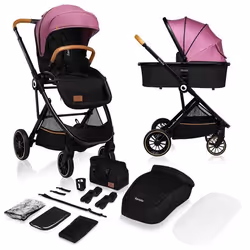 Poussette Trio Rose LIONELO Riya 2en1 - Pack poussette Nacelle Sac et accessoires - Rose