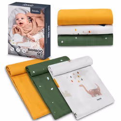 3 x Langes coton bébé en bambou naturel LIONELO - 70x70 cm - Antibactériens - Dino