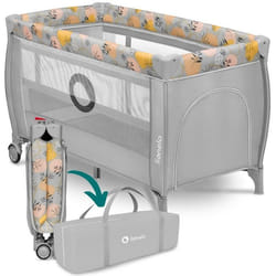 Lit parapluie compact 2en1 LIONELO Stefi Plus - Parc bébé - Matelas haute densité - 0-36 mois - 2x Roulettes - Gris/Multicolor