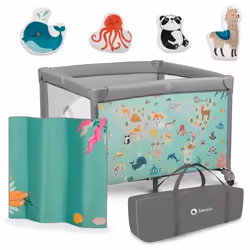 LIONELO Mille - Lit et Parc Bébé Pliable - Sécurité roues LockGuard Entrée latérale Matelas - Gris/Vert