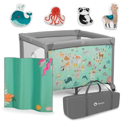 LIONELO Mille - Lit et Parc Bébé Pliable - Sécurité roues LockGuard Entrée latérale Matelas - Gris/Vert
