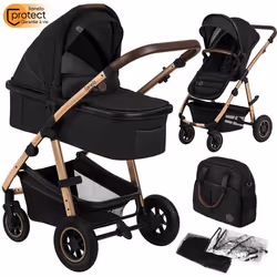 Poussette combinée 2en1 LIONELO Amber - Pack poussette canne Nacelle Sac et accessoires - Grand rous gonflables - Rose Or