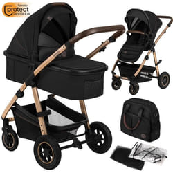 Poussette combinée 2en1 LIONELO Amber - Pack poussette canne Nacelle Sac et accessoires - Grand rous gonflables - Rose Or