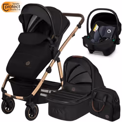Poussette combinée 3en1 LIONELO Amber - Pack poussette canne Nacelle Siege auto sac et accessoires - Noir/Or