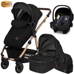 Poussette combinée 3en1 LIONELO Amber - Pack poussette canne Nacelle Siege auto sac et accessoires - Noir/Or