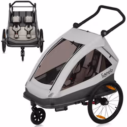 Remorque vélo 2en1 LIONELO Cama - 2 enfants - Poussette tout terrain - Amortissement flexible SIQ - Gris