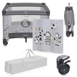 Parc Bébé LIONELO Bonnie - Jusquà 15 kg - 100x100 cm - Accès latéral - Zippé - Sac de transport - Gris