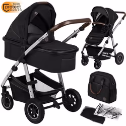 Poussette combinée 2en1 LIONELO Amber - Pack poussette canne Nacelle Sac et accessoires - Grand rous gonflables - Argent