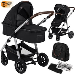 Poussette combinée 2en1 LIONELO Amber - Pack poussette canne Nacelle Sac et accessoires - Grand rous gonflables - Argent