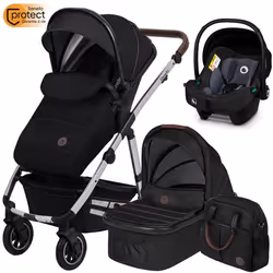 Poussette combinée 3en1 LIONELO Amber - Pack poussette canne Nacelle Siege auto sac et accessoires - Noir/Argent